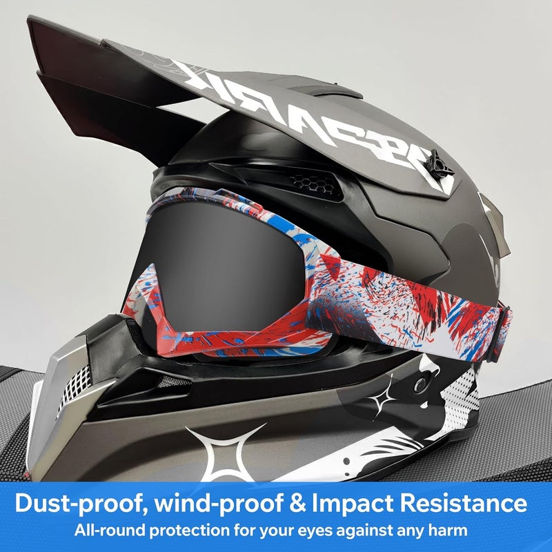 4-FQ Motocross Goggles ATV DirtBike Riding Racing Eyewear Windproof Glasses, UV400 Anti-Fog Scratch Impact Resistant Eye Protection Safety Goggles for Youth Men & Women(Grey Lens) - Image 2